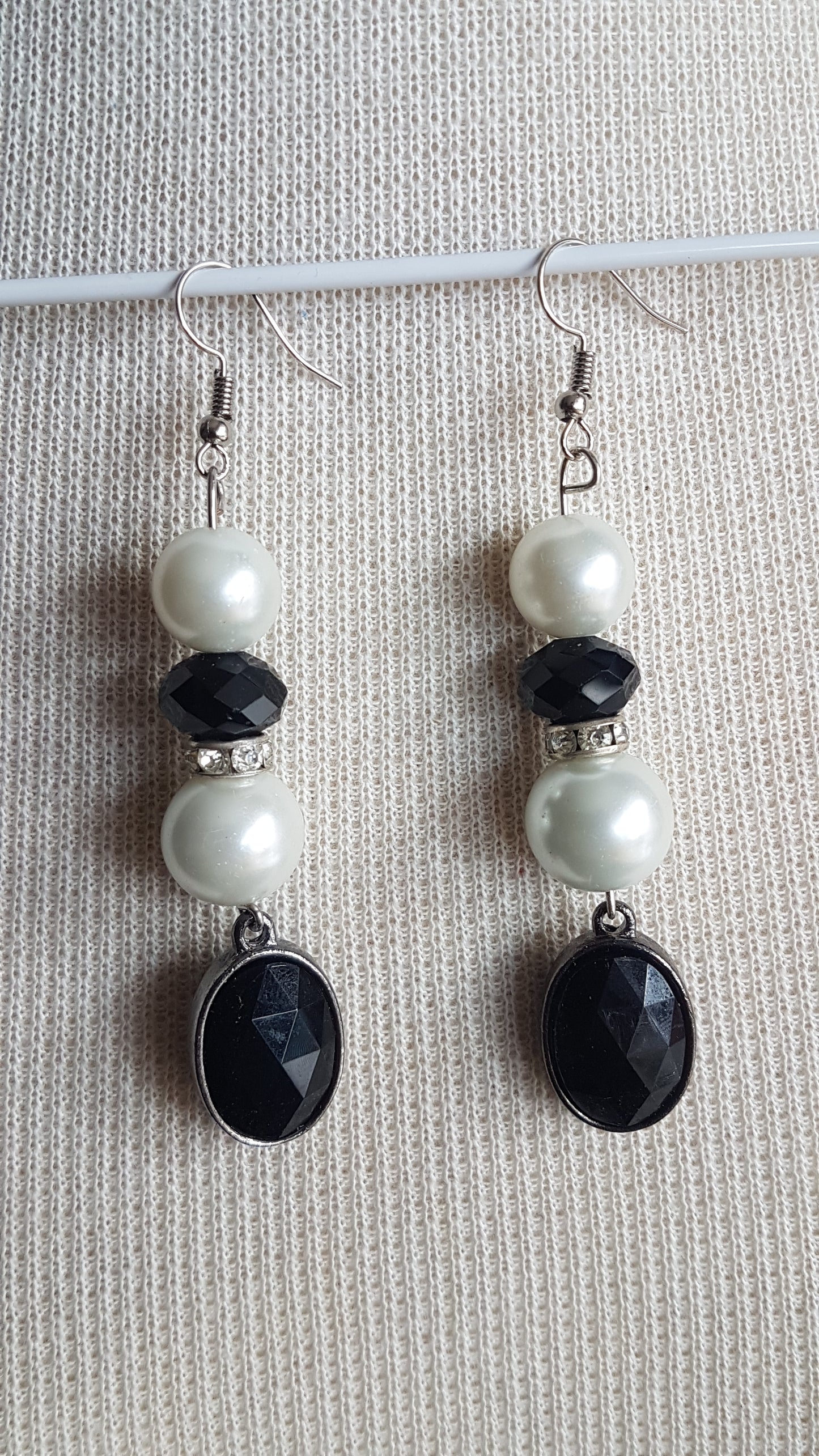 Pearl, Black And Silver Art Deco Style Earrings