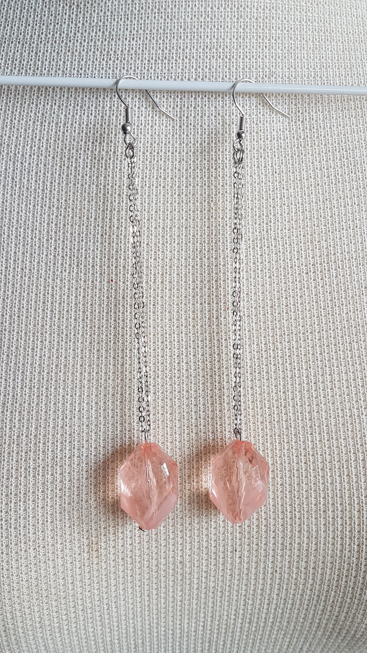 Extra Long Drop Silver Pink Bead Dangle Earrings