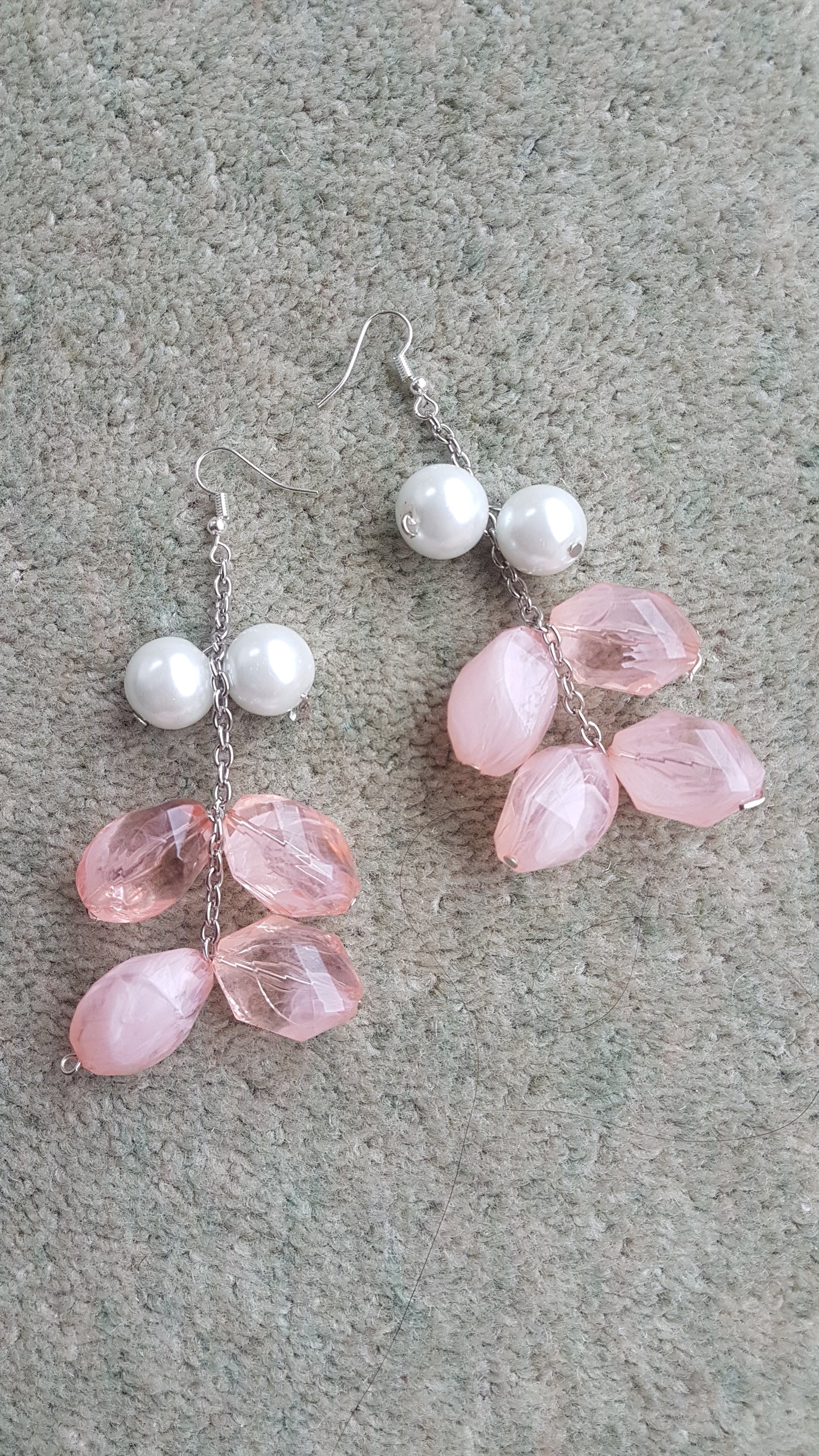 Pink Bead, Pearl And Chain Earrings