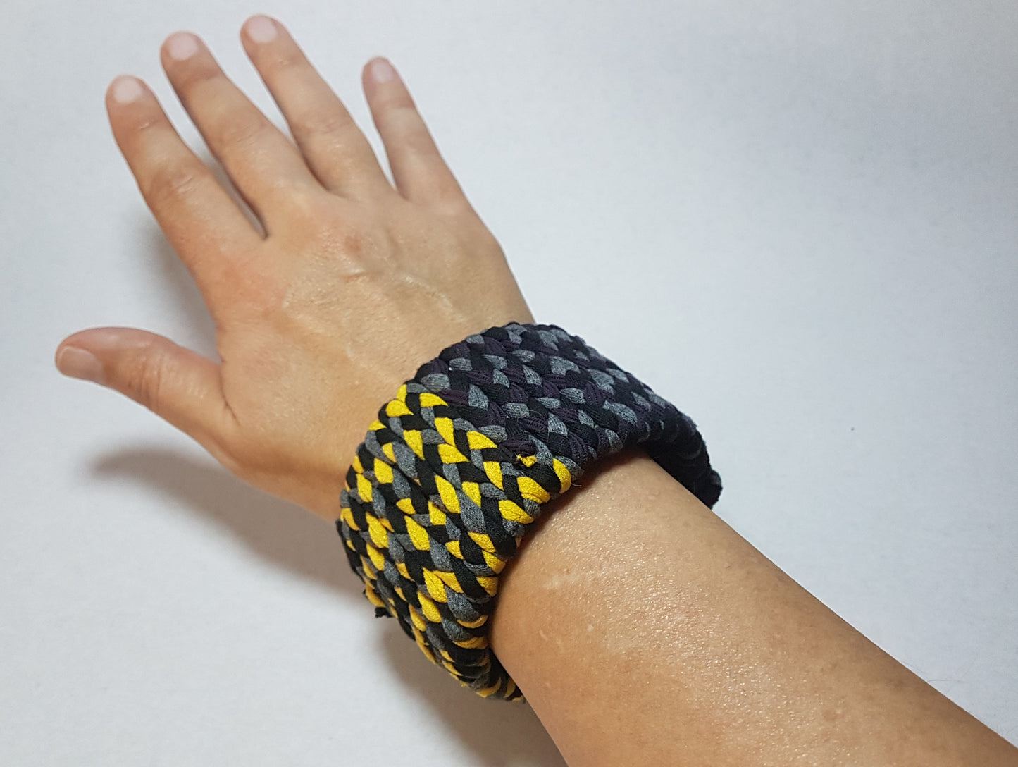 Black Grey Yellow Braided Chunky Bangle LARGE