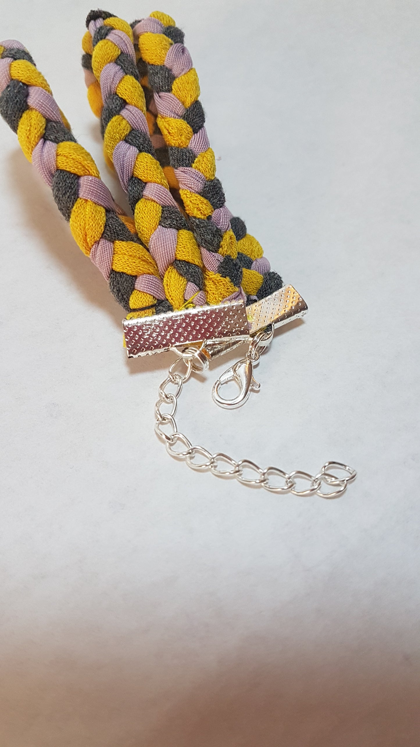 Grey Pink Yellow Braided Three Strand Silver Bracelet