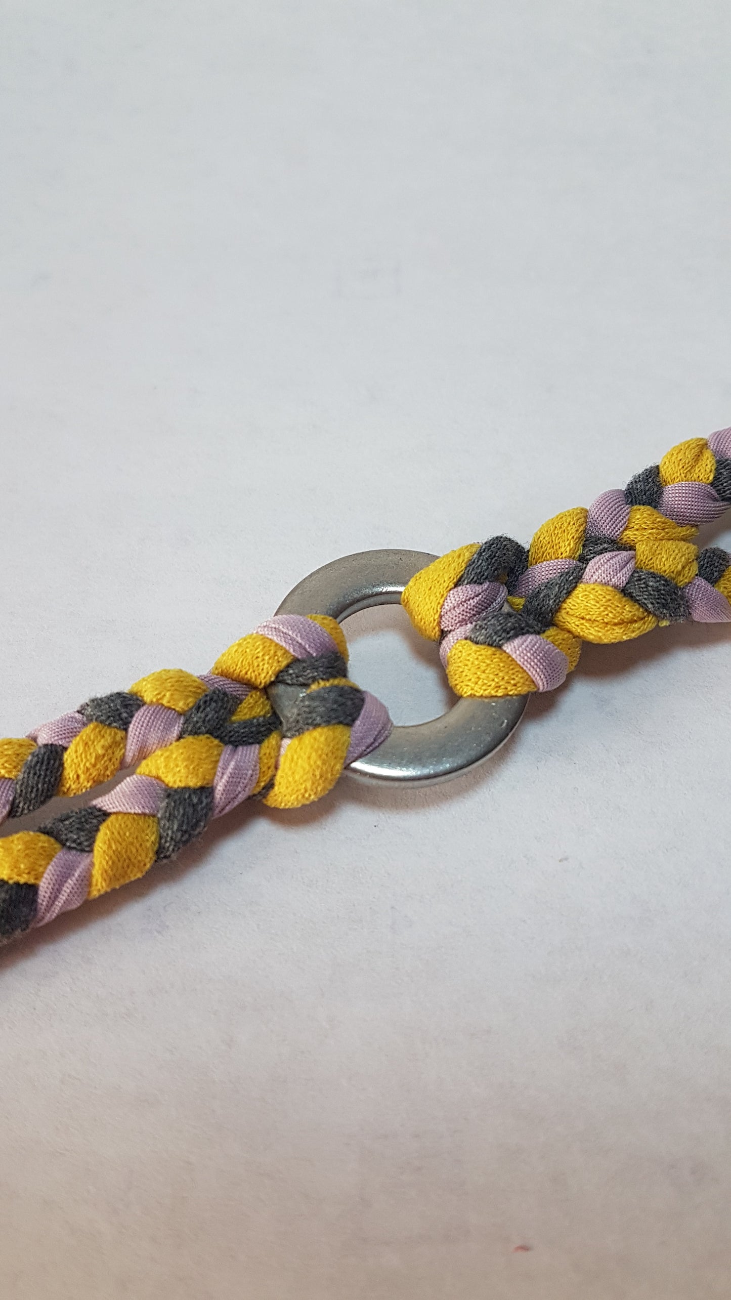 Yellow Pink Grey Braided Two Strand Silver Bracelet