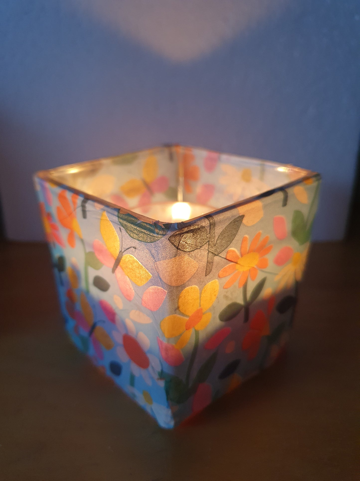 Small Blue Floral Hand Decorated Candle Tea Light Holder Home Decor Gift