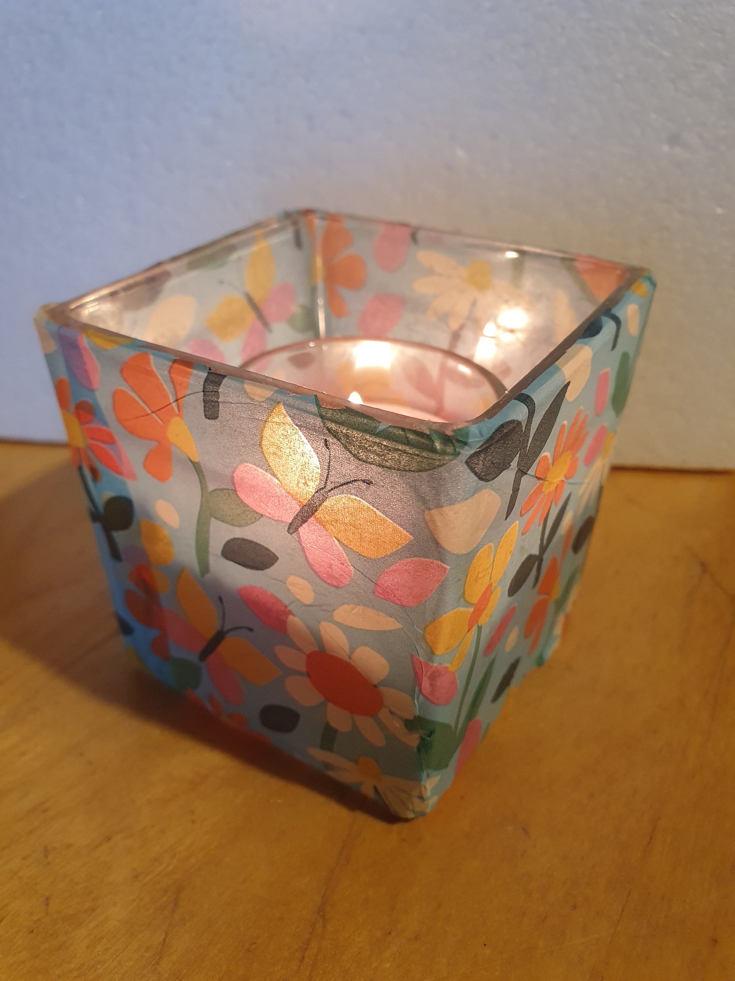 Small Blue Floral Hand Decorated Candle Tea Light Holder Home Decor Gift