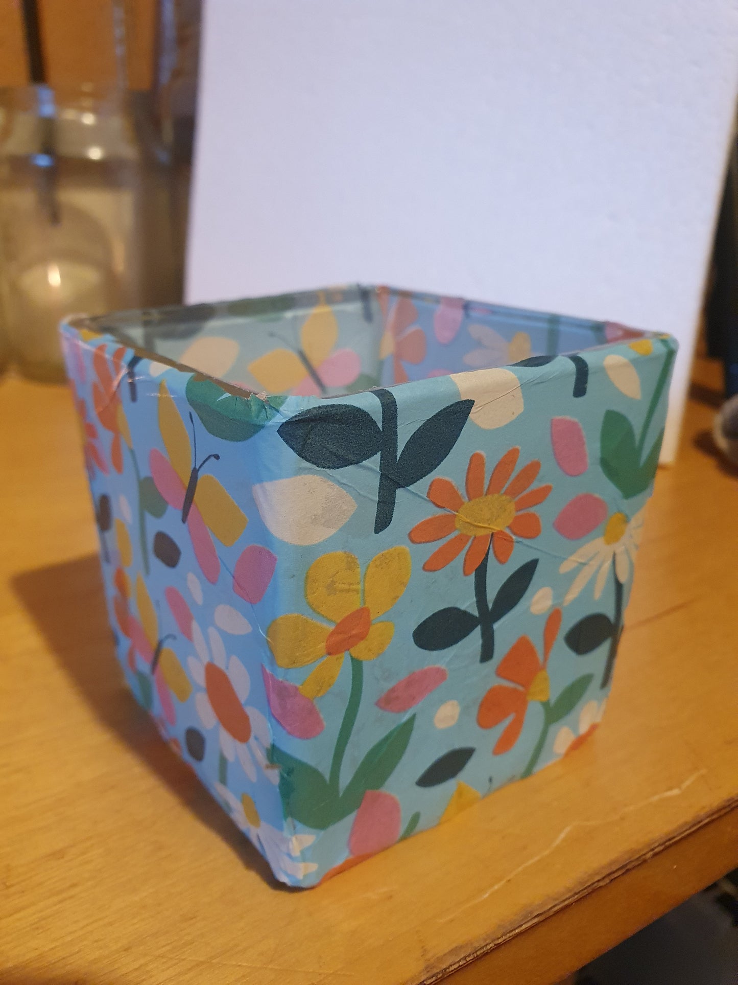 Small Blue Floral Hand Decorated Candle Tea Light Holder Home Decor Gift