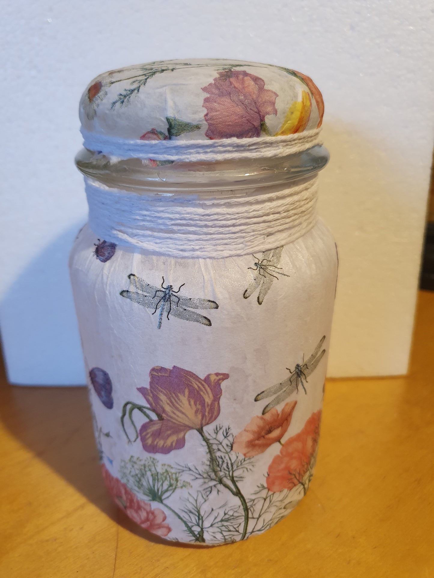RESERVED FOR JANE Medium White Floral Insects Hand Decorated Candle Storage Jar With Lid Home Decor Gift