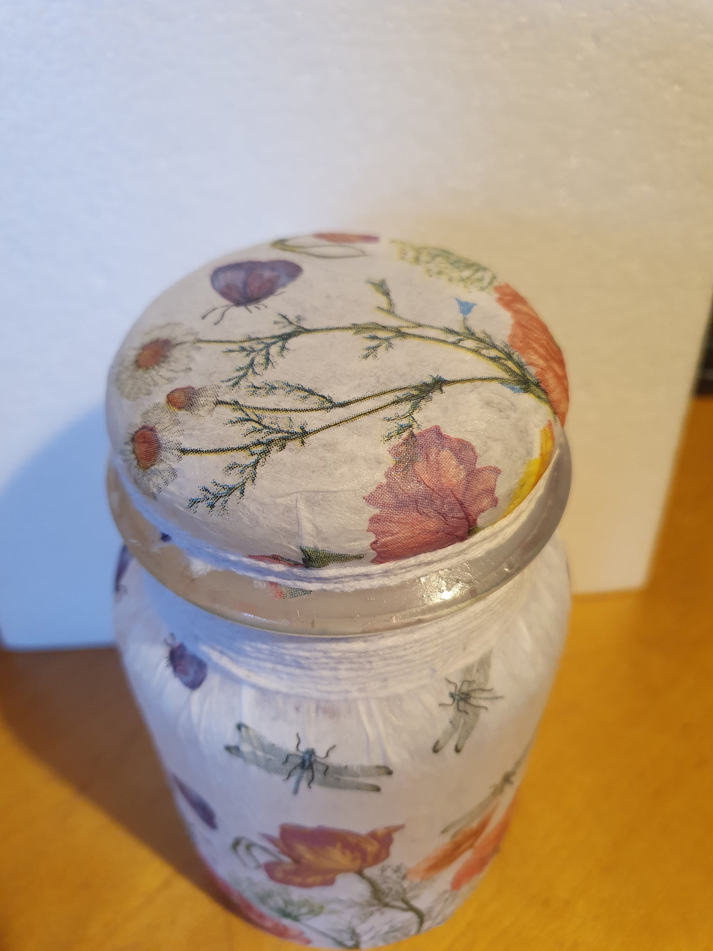 RESERVED FOR JANE Medium White Floral Insects Hand Decorated Candle Storage Jar With Lid Home Decor Gift