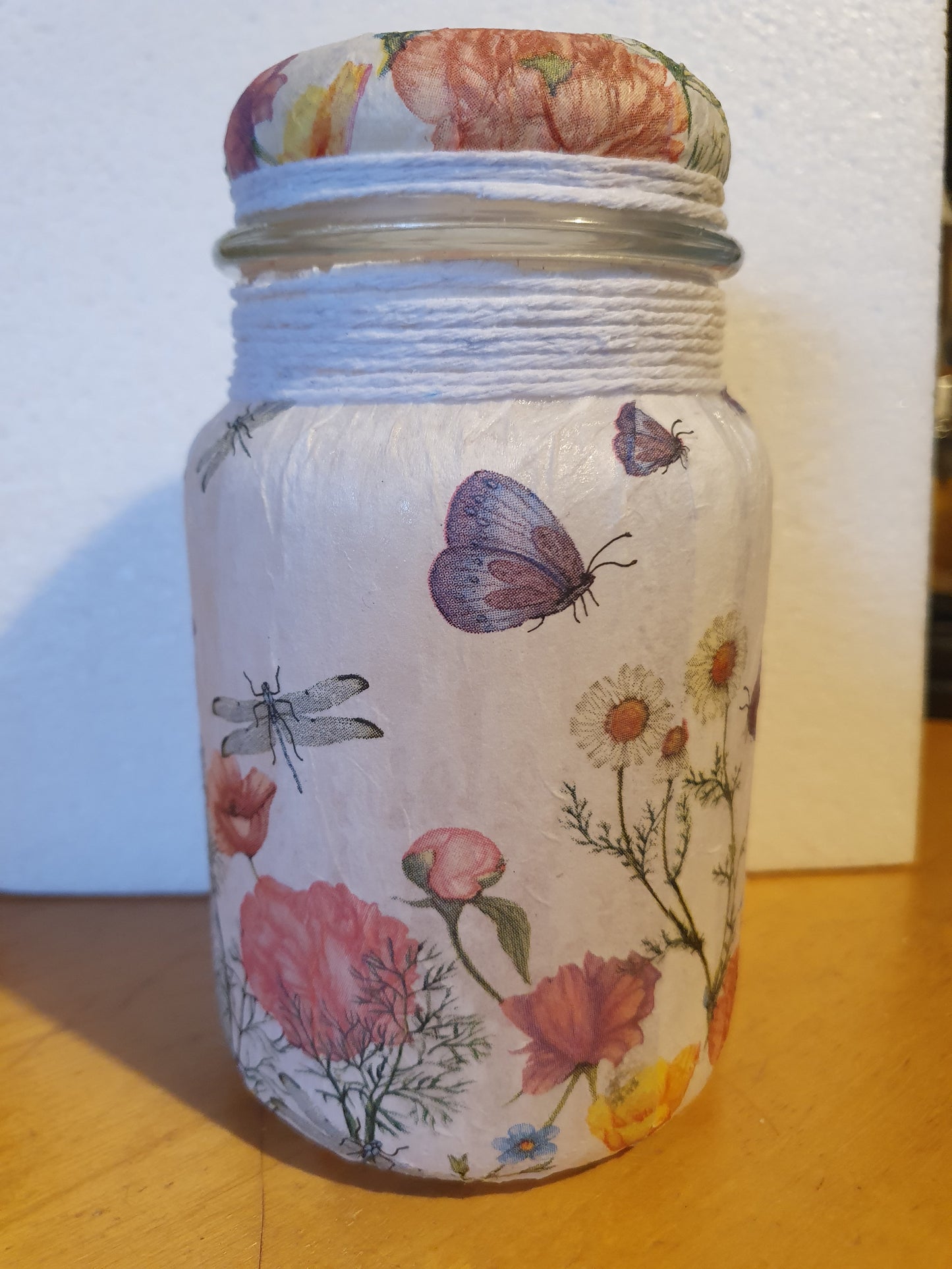 RESERVED FOR JANE Medium White Floral Insects Hand Decorated Candle Storage Jar With Lid Home Decor Gift