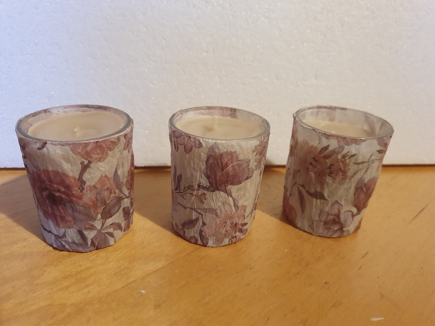 Votive Candle Set x 3 Pink Floral Hand Decorated Home Decor Gift