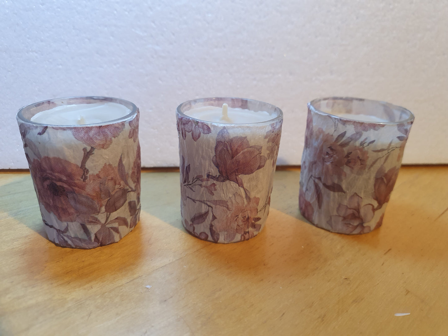Votive Candle Set x 3 Pink Floral Hand Decorated Home Decor Gift