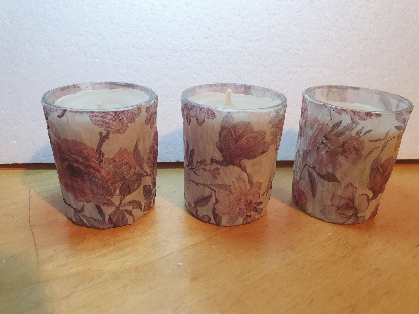 Votive Candle Set x 3 Pink Floral Hand Decorated Home Decor Gift