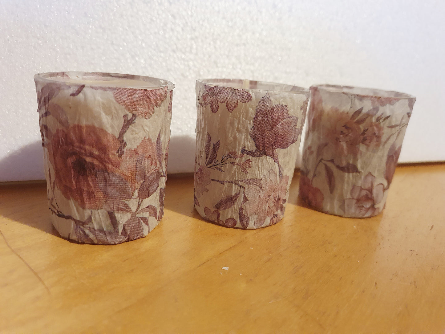 Votive Candle Set x 3 Pink Floral Hand Decorated Home Decor Gift