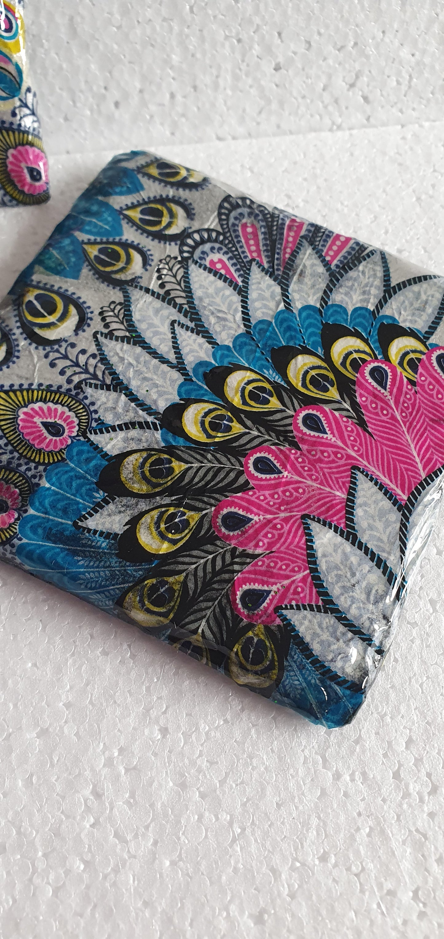 Decoupage Peacock Tail Pattern Blue Pink Yellow Coasters Set Of Three Home Decor Gift