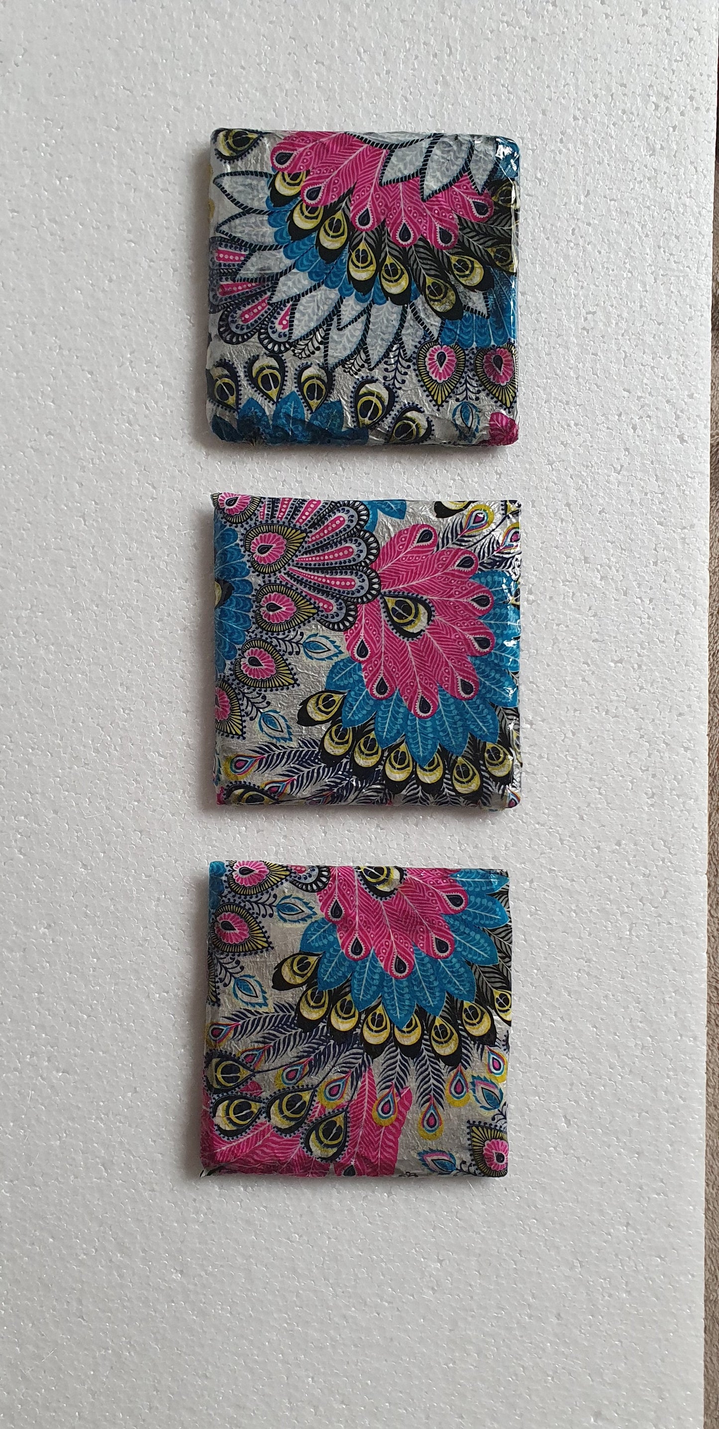 Decoupage Peacock Tail Pattern Blue Pink Yellow Coasters Set Of Three Home Decor Gift