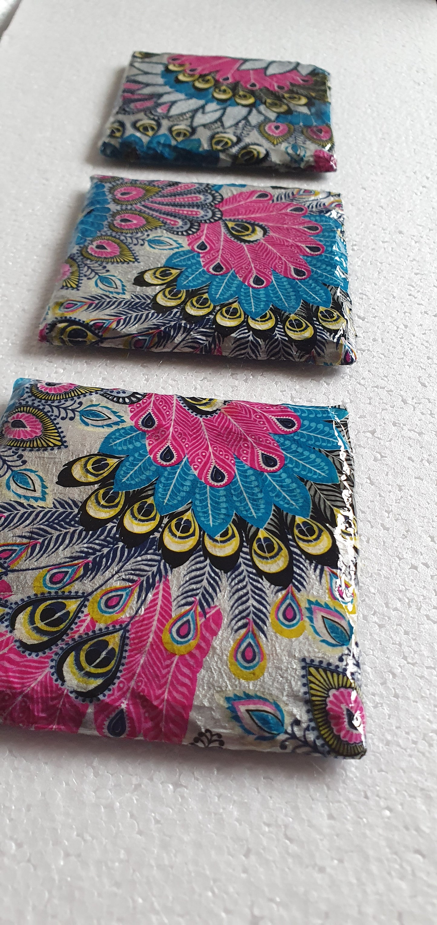 Decoupage Peacock Tail Pattern Blue Pink Yellow Coasters Set Of Three Home Decor Gift