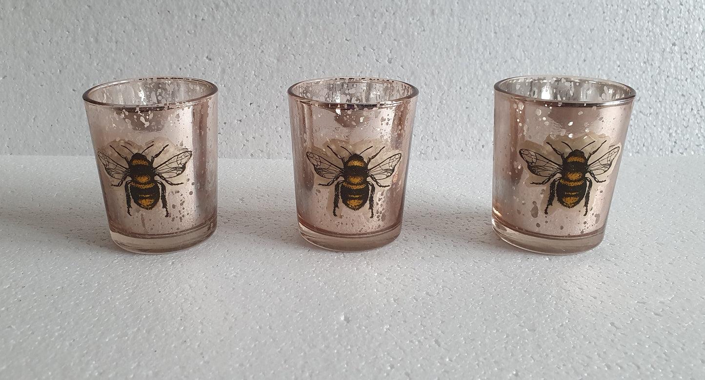 Tea Light Jar Set x 3 Pink Mirrored Bumble Bees Hand Decorated Home Decor Gift