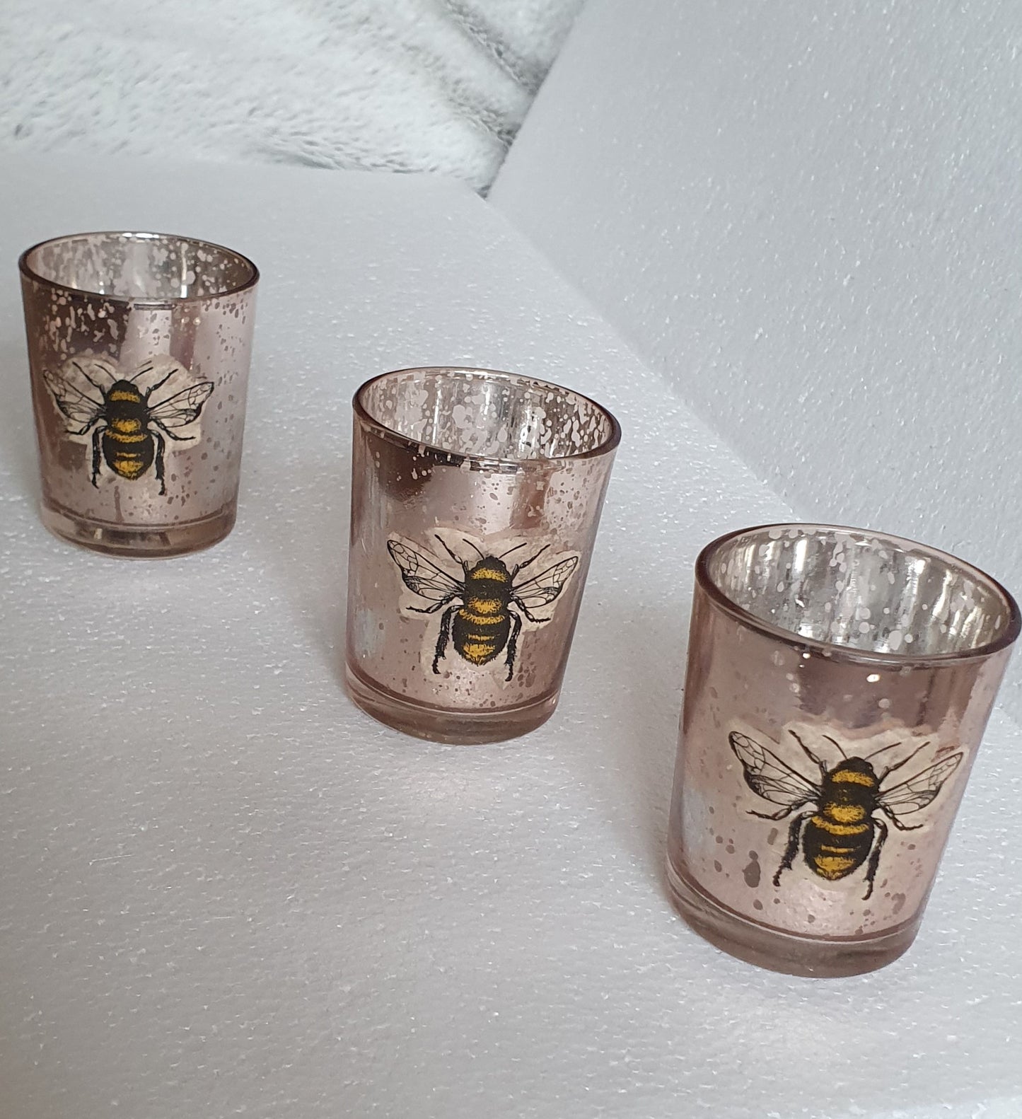 Tea Light Jar Set x 3 Pink Mirrored Bumble Bees Hand Decorated Home Decor Gift