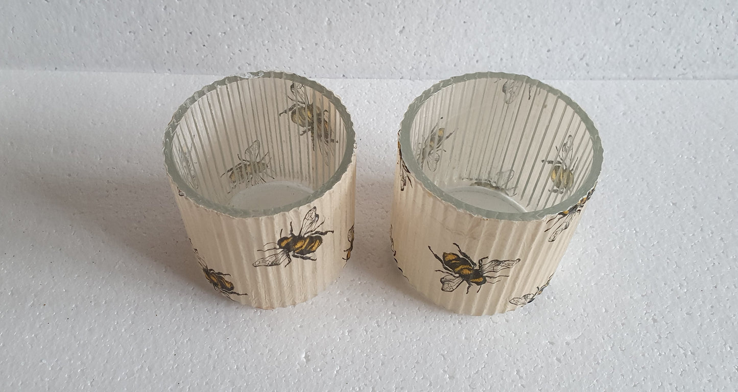 2 Bumble Bee Beige Hand Decorated Candle Tea Light Holders Home Decor Gift