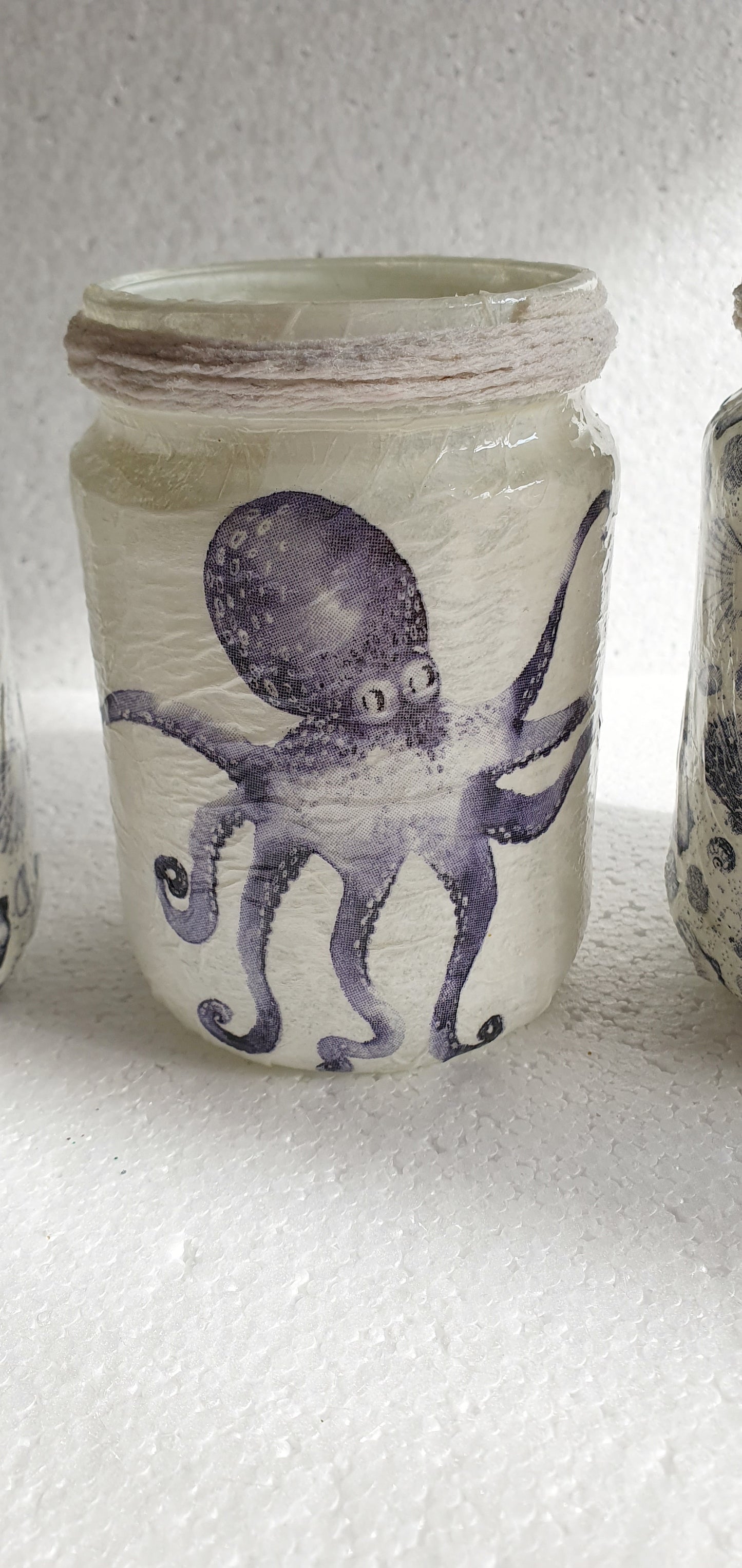 Blue White Octopus Shells Sea Theme Hand Decorated Desk / Bathroom Tidy Set Of Three Home Decor Gift
