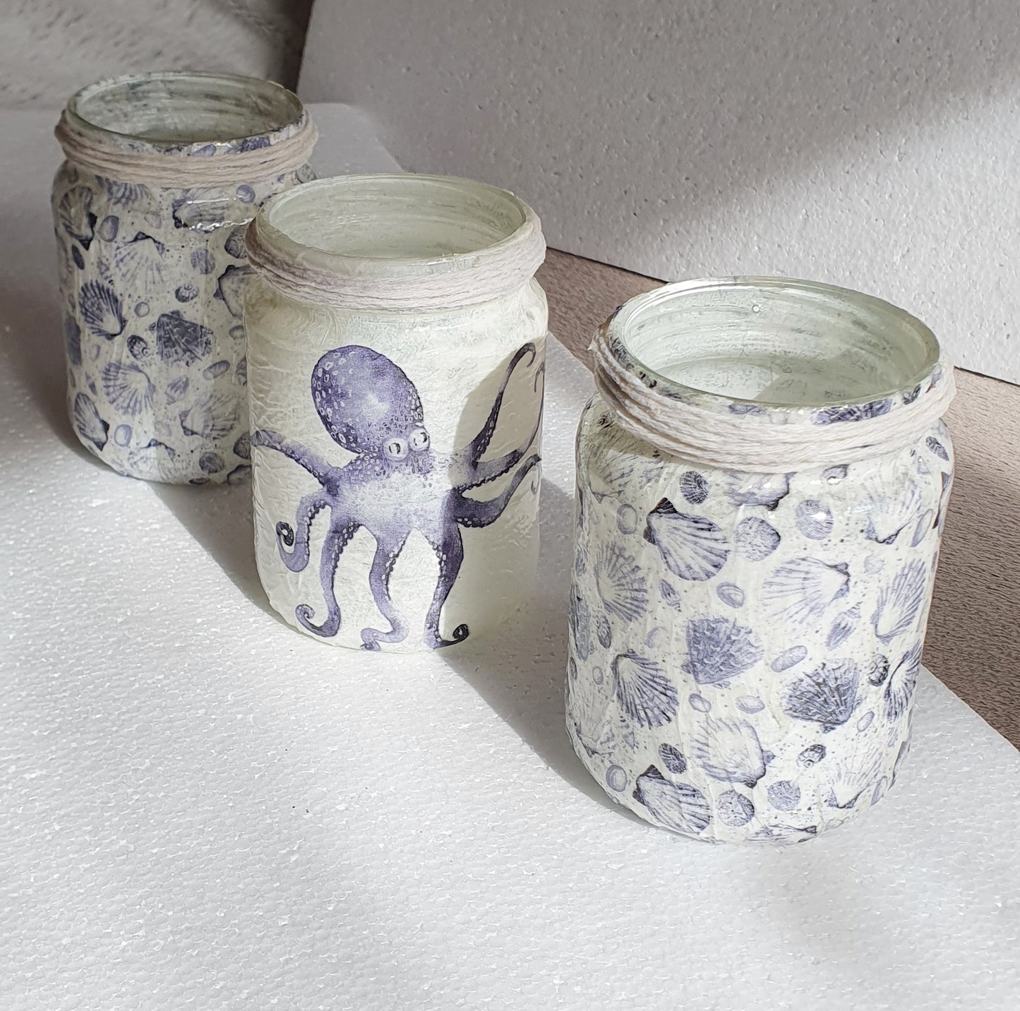 Blue White Octopus Shells Sea Theme Hand Decorated Desk / Bathroom Tidy Set Of Three Home Decor Gift