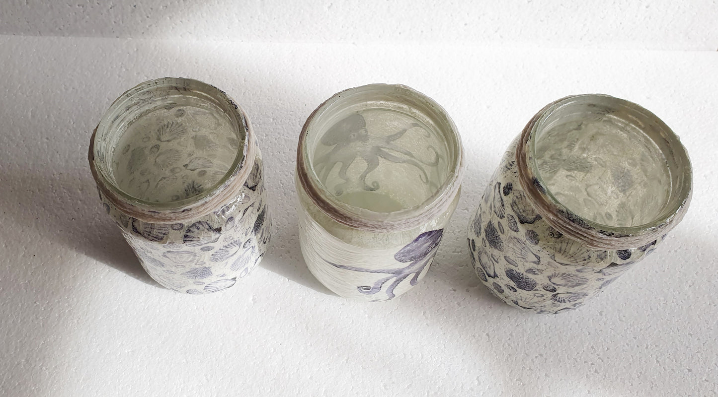 Blue White Octopus Shells Sea Theme Hand Decorated Desk / Bathroom Tidy Set Of Three Home Decor Gift
