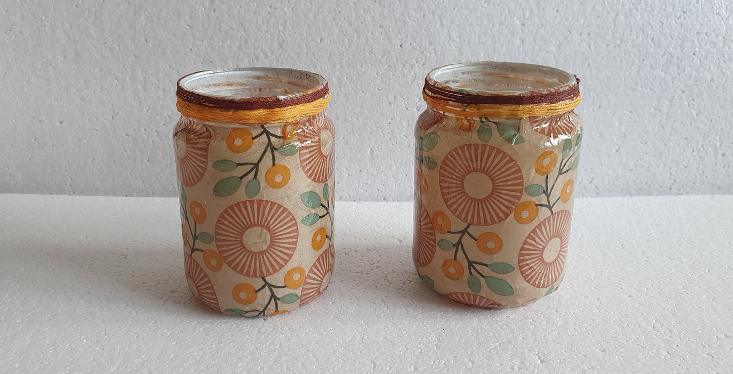 Retro Pattern Brown Green Hand Decorated Desk Tidy Set Of Two Home Decor Gift