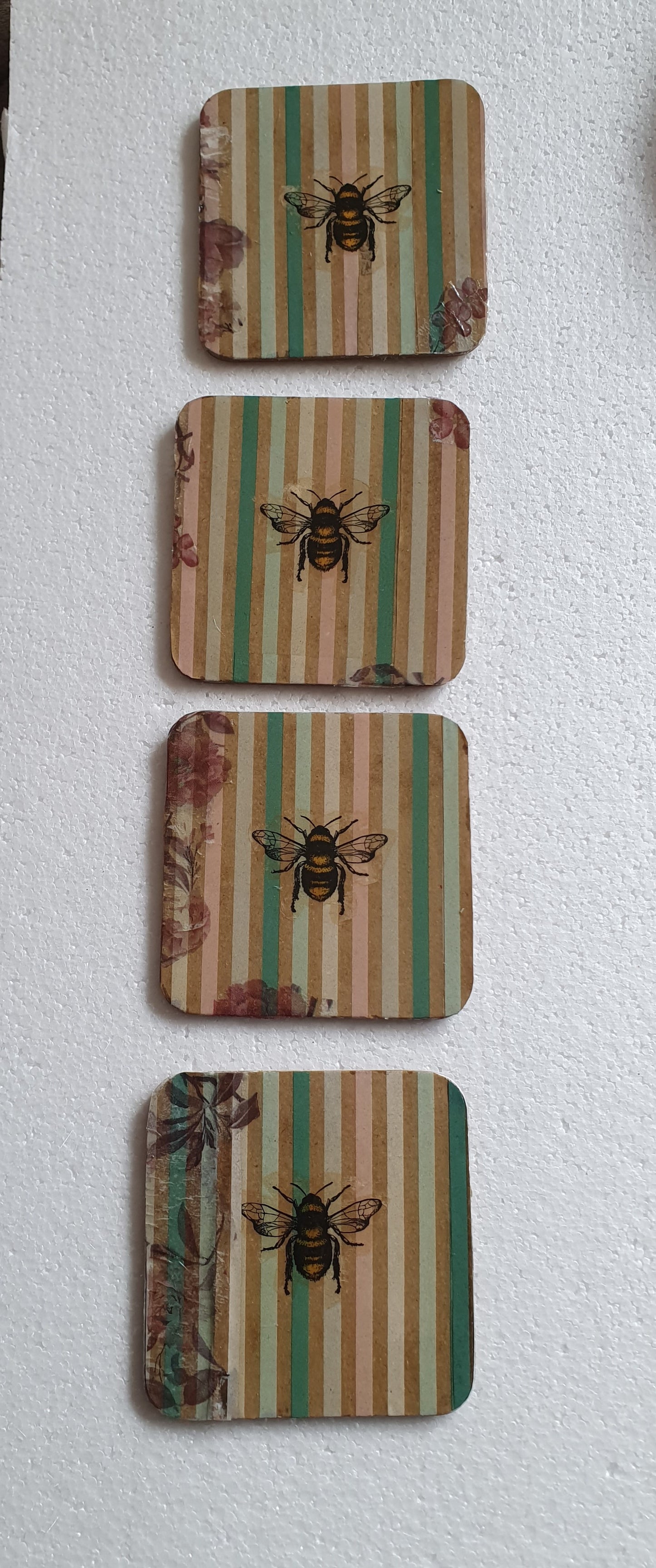 Decoupage Stripes Flowers and BumbleBee Coasters Set Of Four Home Decor Gift