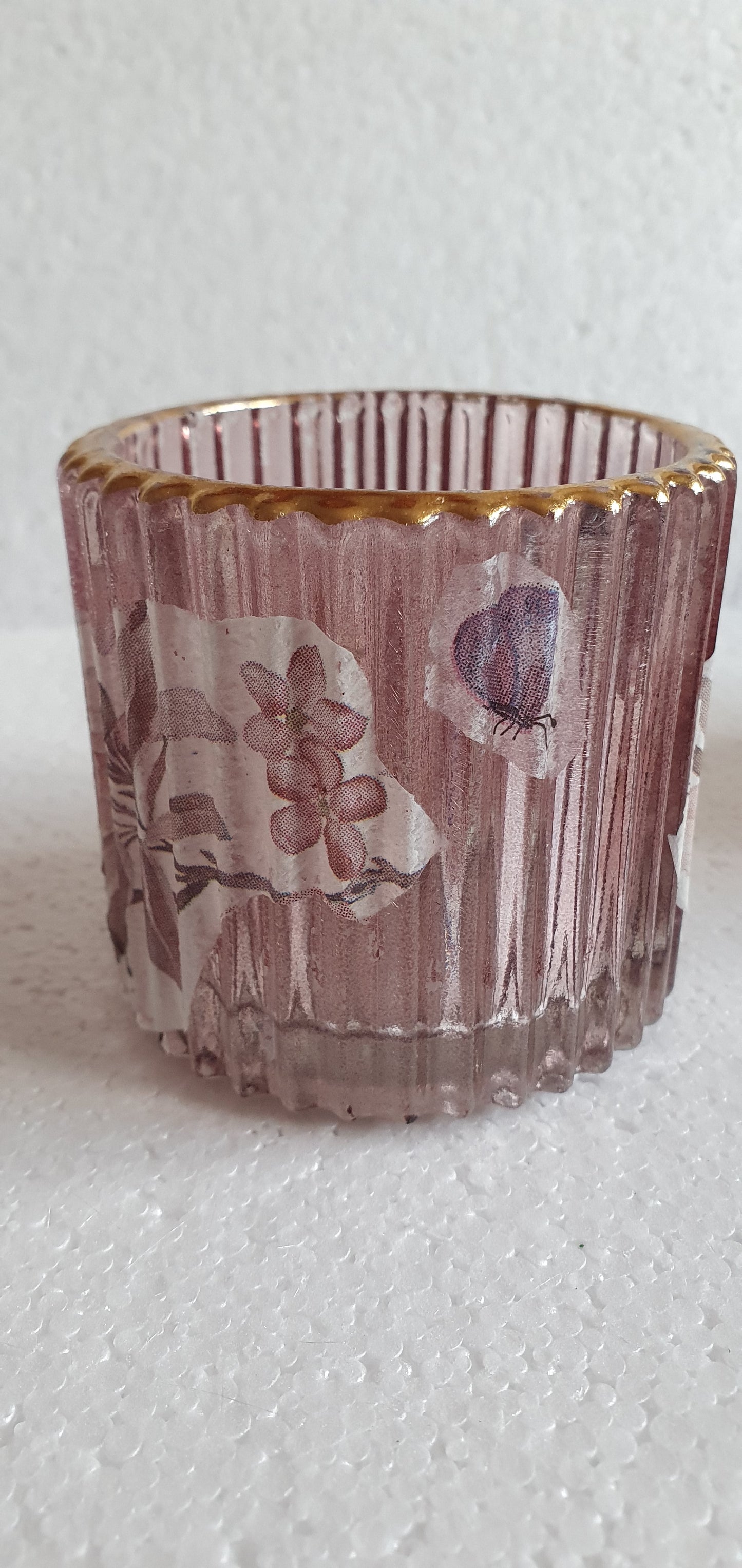 Single Tea Light Jar Pink Gold Insects And Flowers Hand Decorated Home Decor Gift