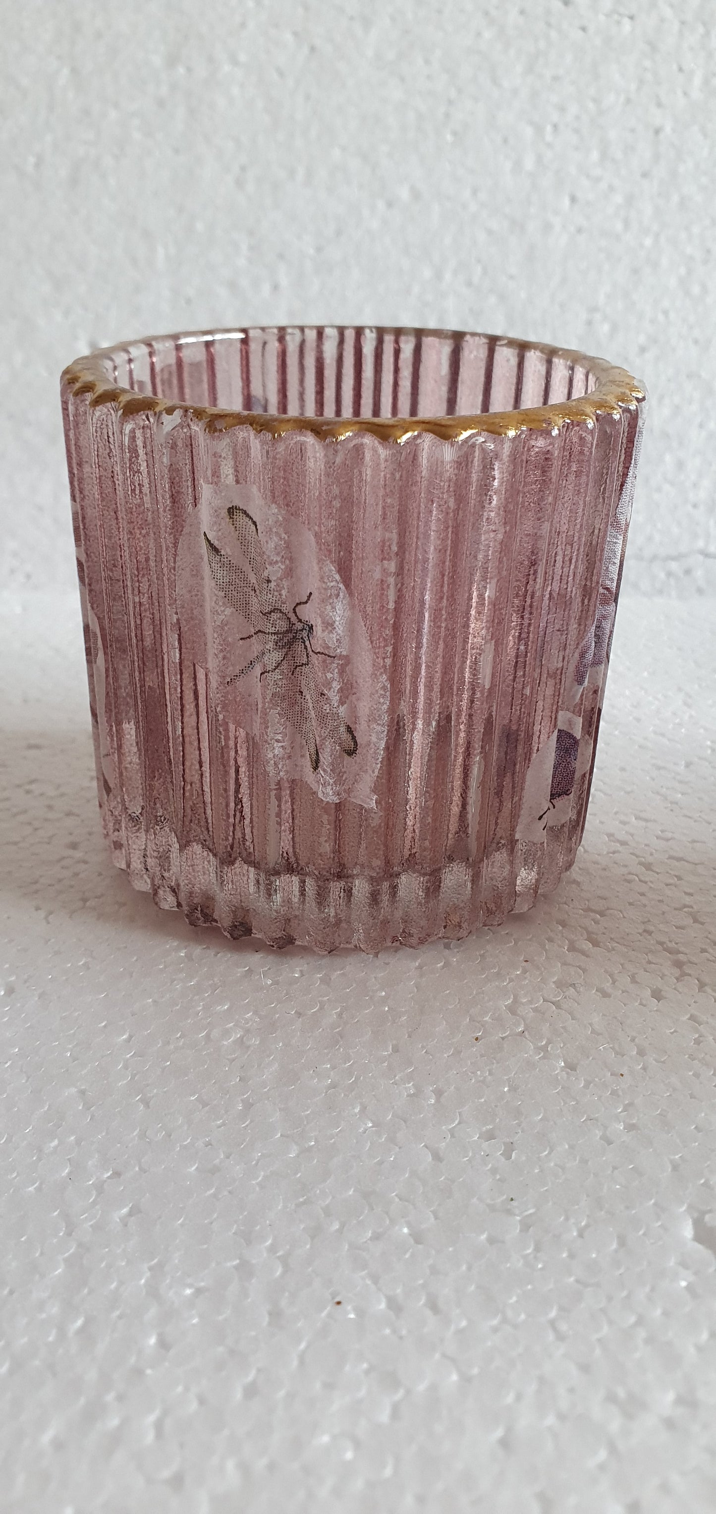 Single Tea Light Jar Pink Gold Insects And Flowers Hand Decorated Home Decor Gift