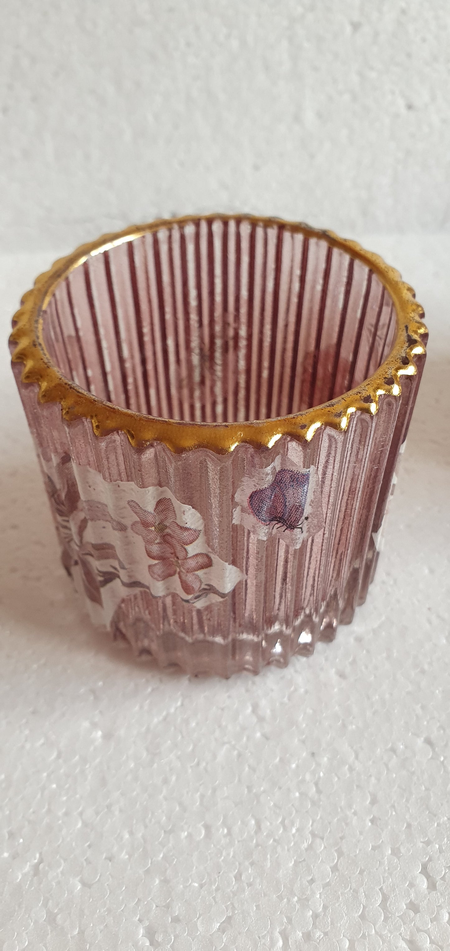 Single Tea Light Jar Pink Gold Insects And Flowers Hand Decorated Home Decor Gift