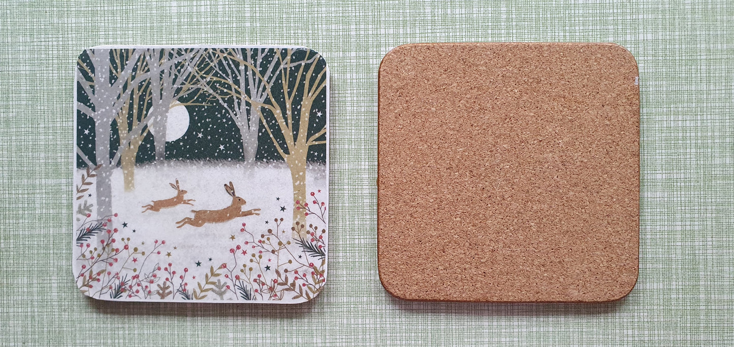 Single Mix And Match Coaster Christmas Snow Rabbits Bunnies Hares Home Decor Gift