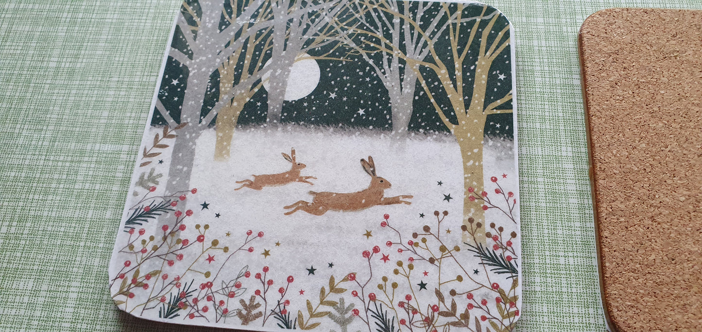Single Mix And Match Coaster Christmas Snow Rabbits Bunnies Hares Home Decor Gift