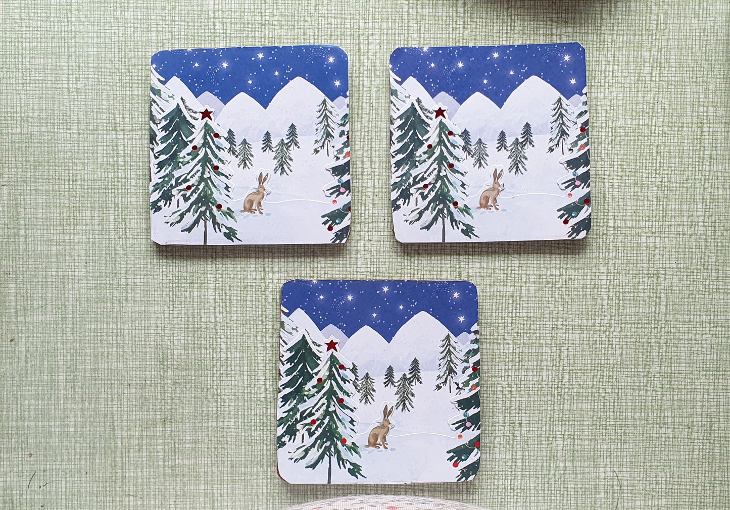Blue White Christmas, Trees, Rabbits Decoupage Coasters Set Of Three Home Decor Gift