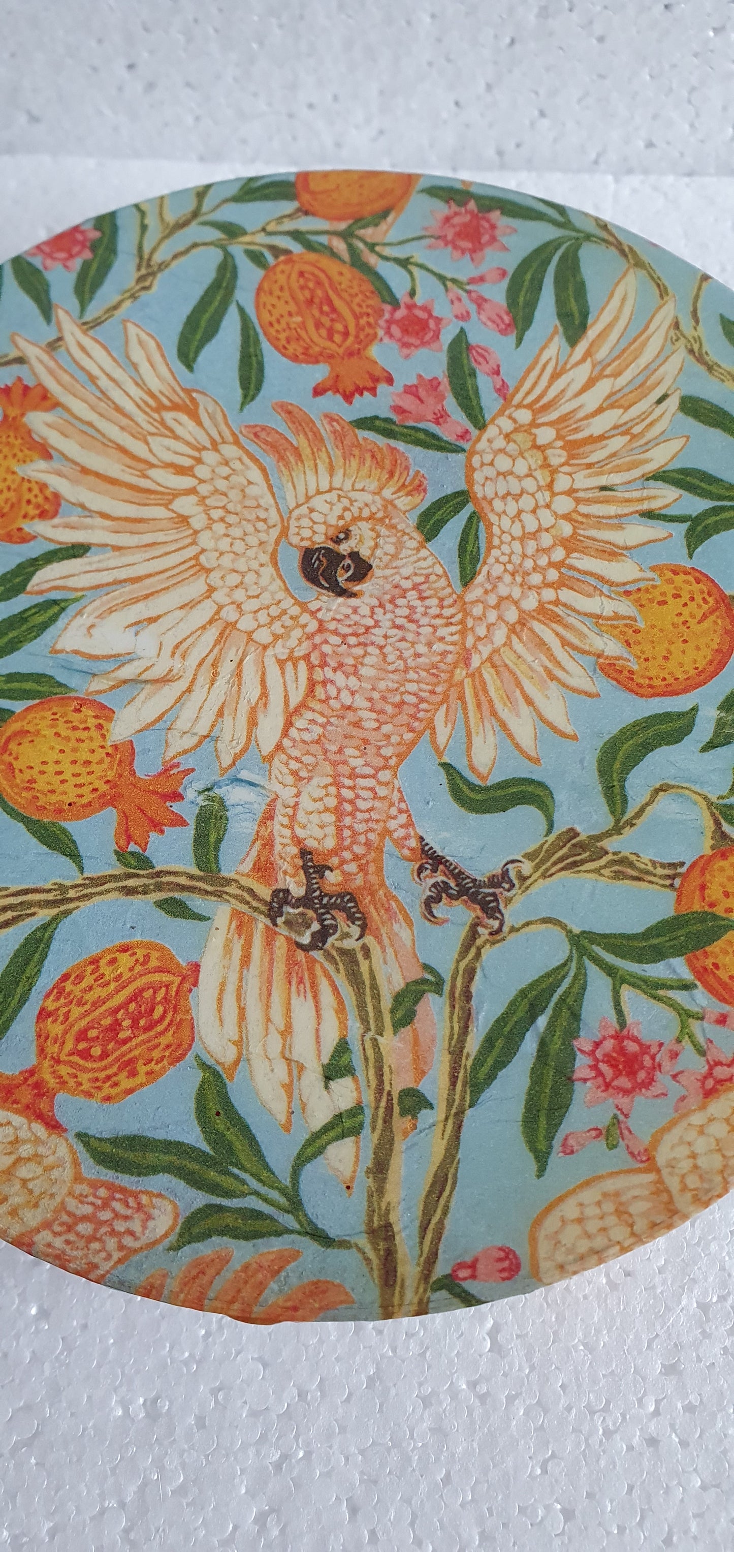 Round Cockatoo Orange Blue Wooden Hand Decorated Jewellery / Trinket Box Decor Gift