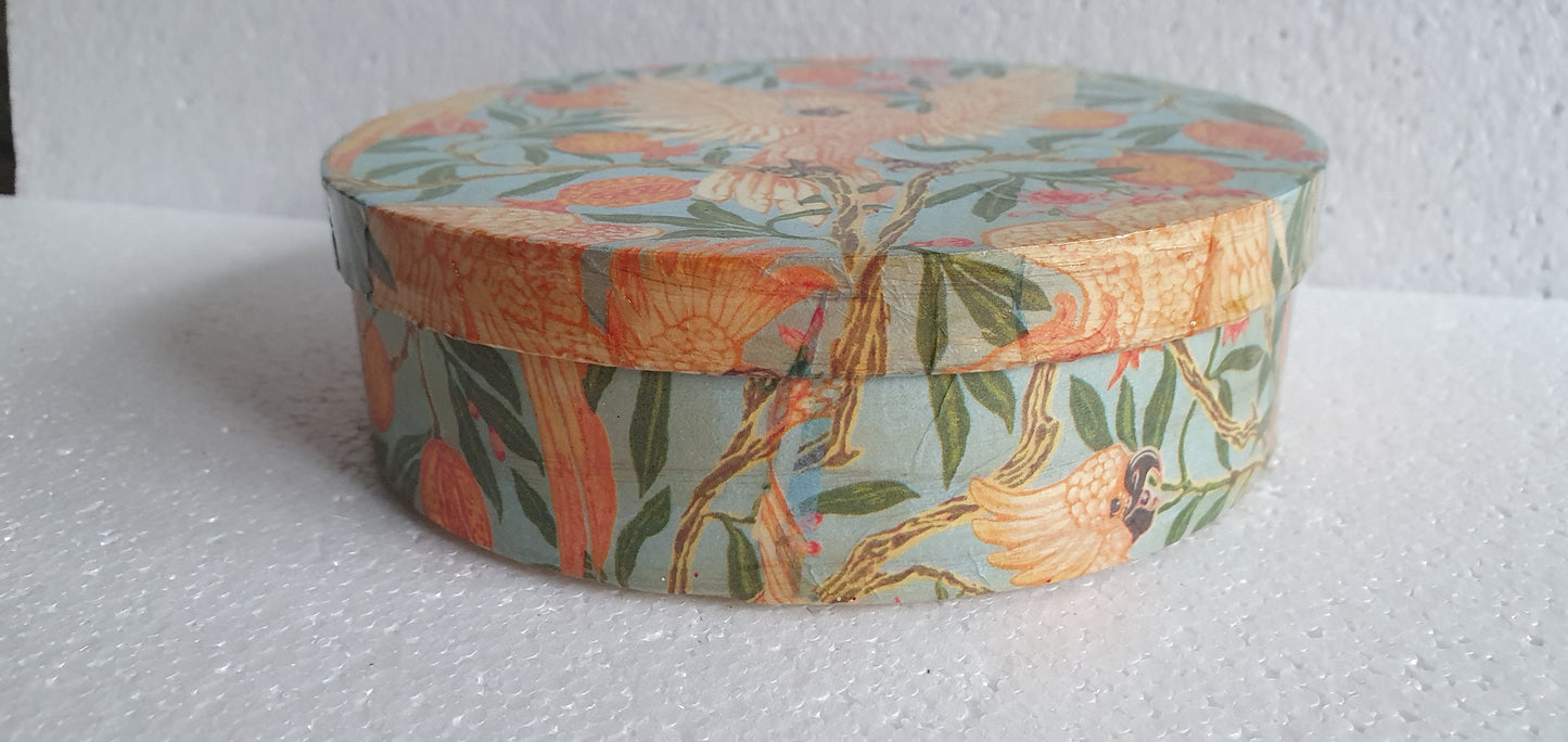 Round Cockatoo Orange Blue Wooden Hand Decorated Jewellery / Trinket Box Decor Gift