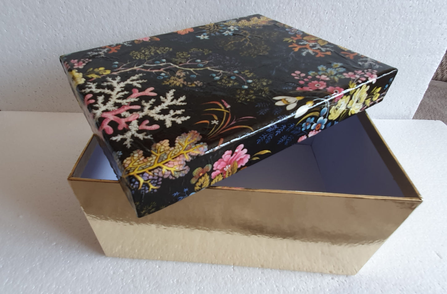 Decoupage Black Floral Coral Marine Large Rectangular Keepsake Gift Box