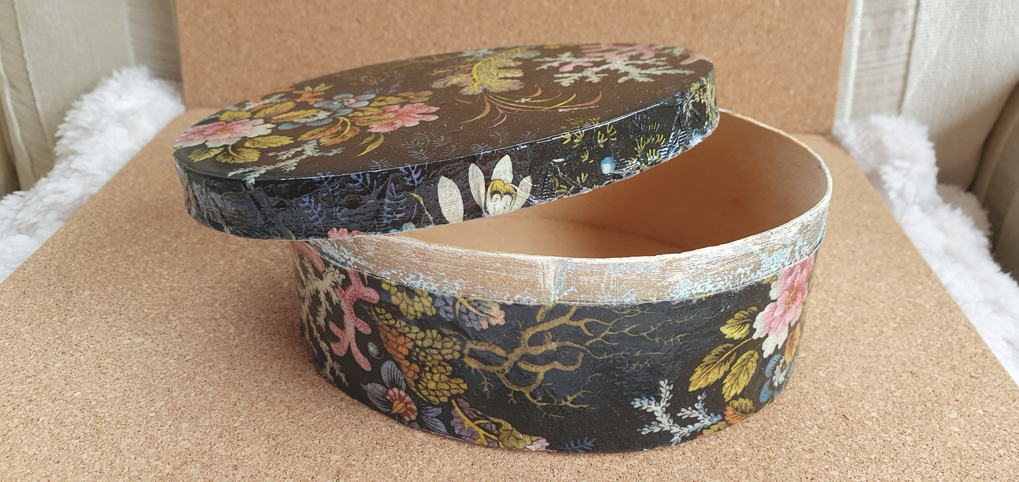 Oval Black Marine Flowers Wooden Hand Decorated Jewellery / Trinket Box Decor Gift