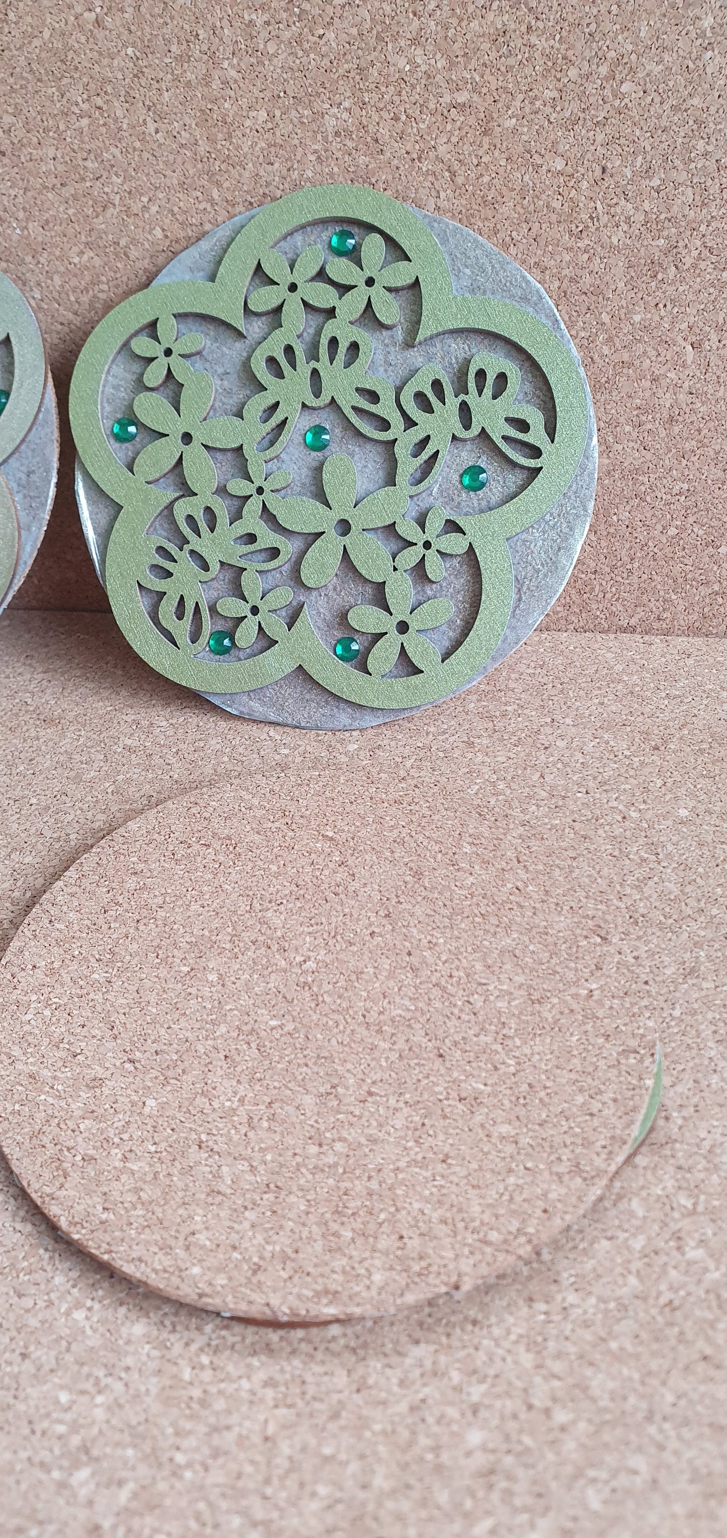 Metallic Green Round Coasters Flowers Butterflies Set Of Four Home Decor Gift