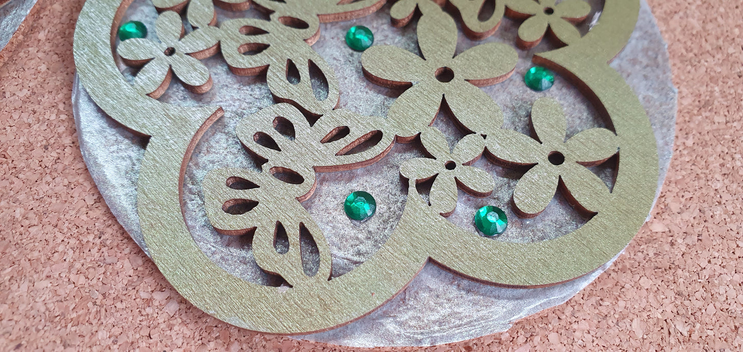 Metallic Green Round Coasters Flowers Butterflies Set Of Four Home Decor Gift