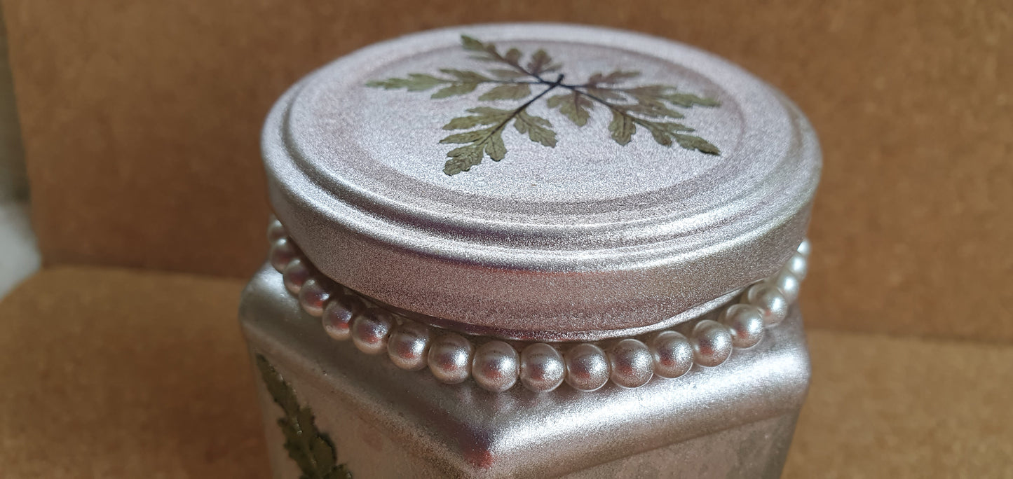 Glass Hexagon Shape Rose Gold Metallic Marbelled Real Leaf Hand Decorated Storage Jar Or Candle Holder With Lid Home Decor Gift