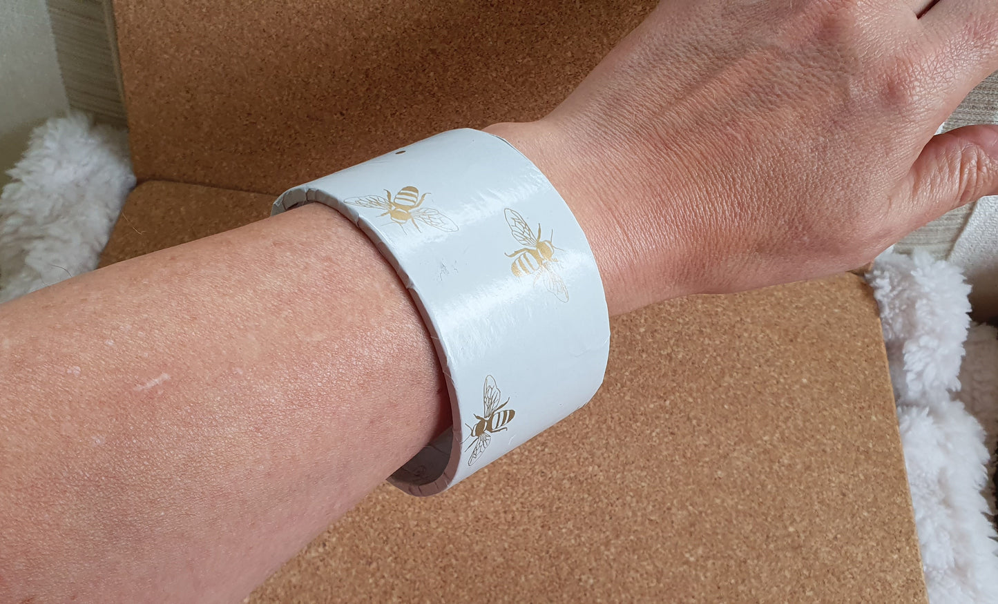 Pale Grey Gold Bees Decoupage Chunky Bangle