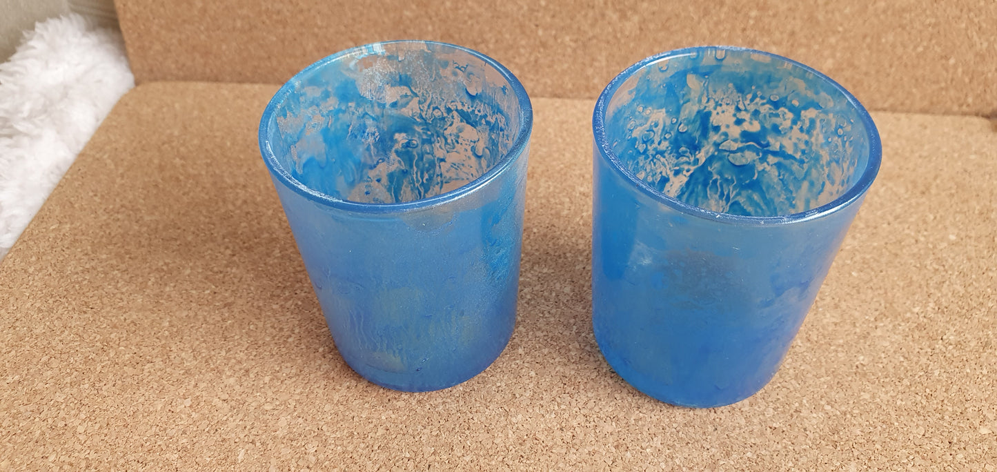 Set Of 2 Marbled Blue Votive Candle Tea Light Holders Home Decor Gift