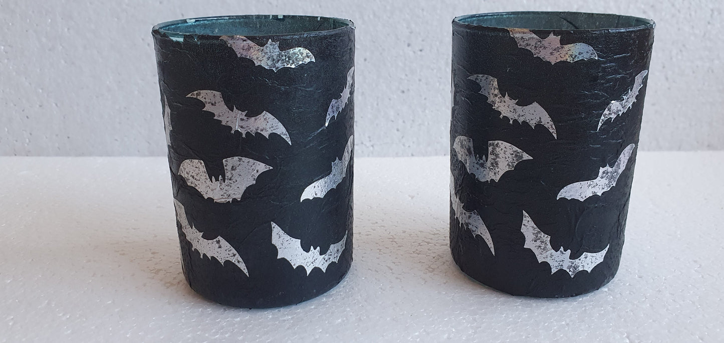 Set Of 2 Black Silver Bats Halloween Votive Candle Tea Light Holders Home Decor Gift