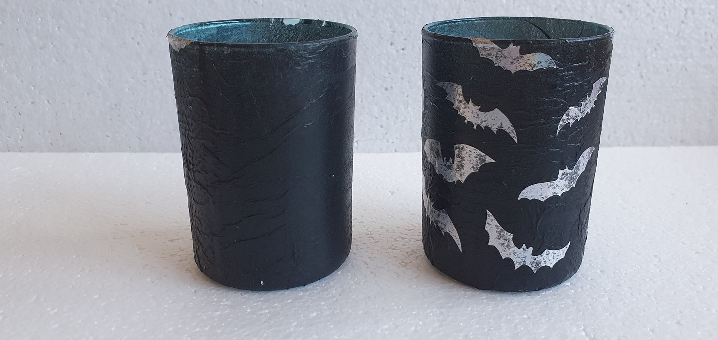 Set Of 2 Black Silver Bats Halloween Votive Candle Tea Light Holders Home Decor Gift