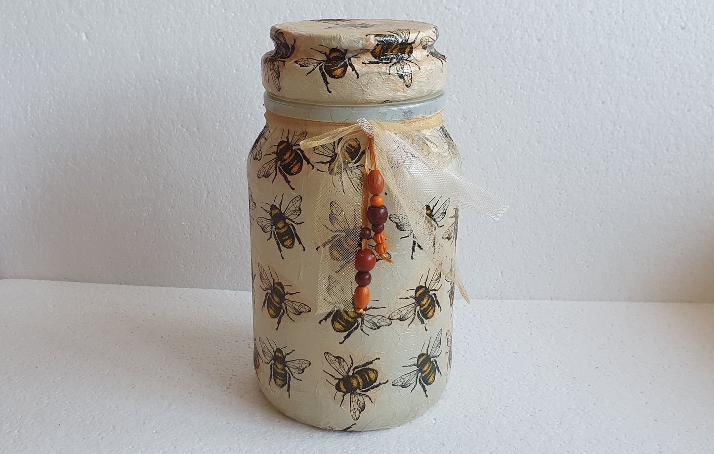 Large Hand Decorated Glass Pin Cushion Jar Beige Bumble Bee Crafters Gift