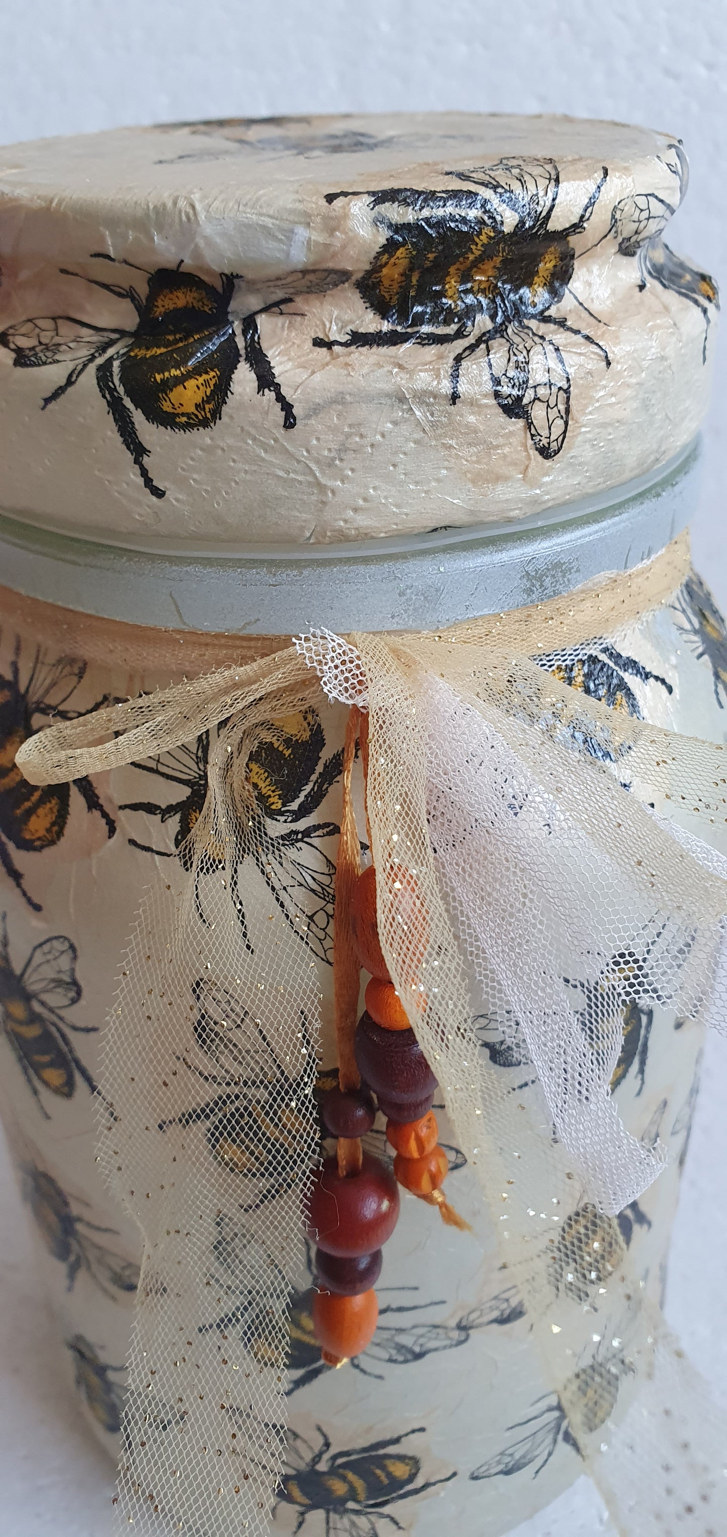 Large Hand Decorated Glass Pin Cushion Jar Beige Bumble Bee Crafters Gift
