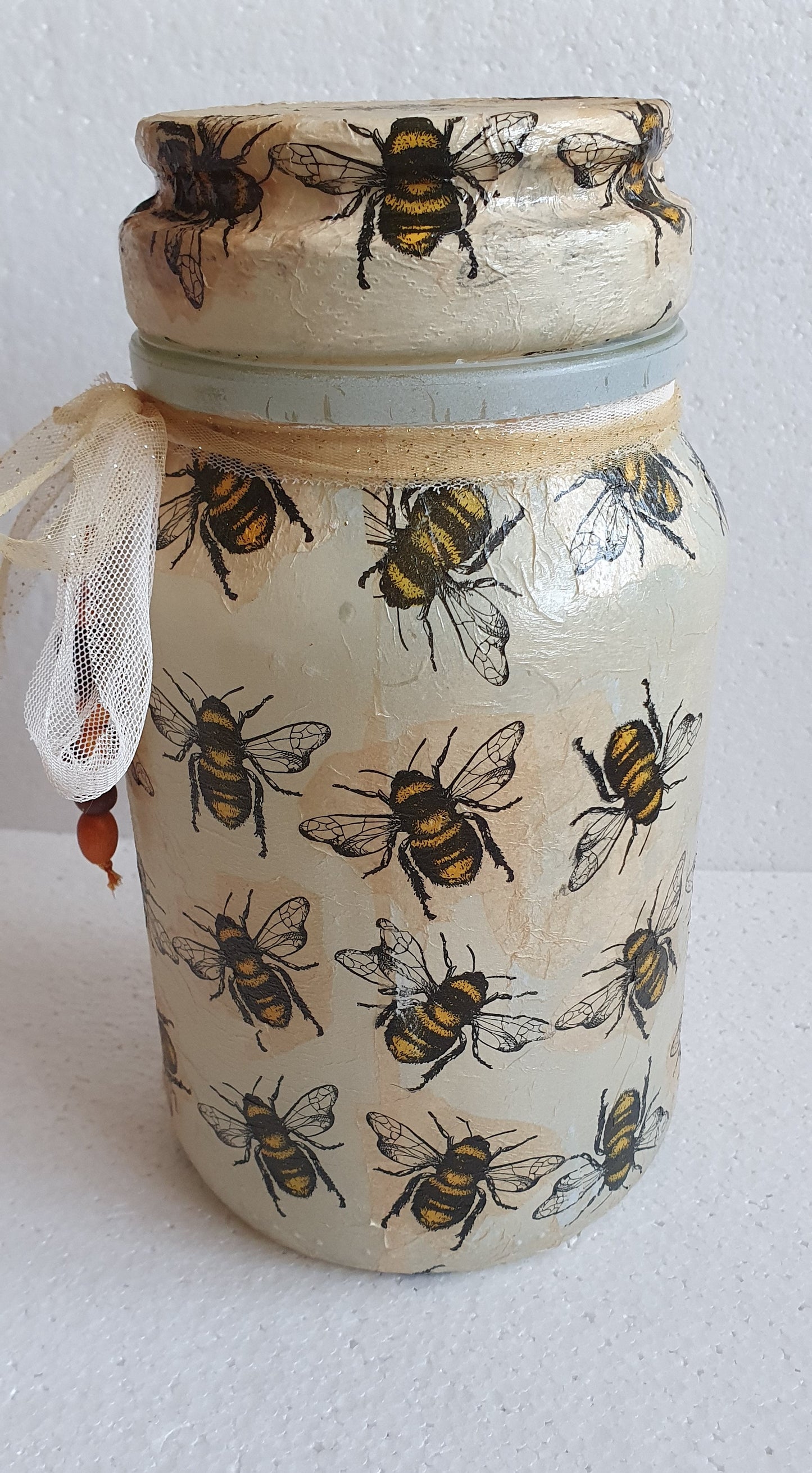 Large Hand Decorated Glass Pin Cushion Jar Beige Bumble Bee Crafters Gift