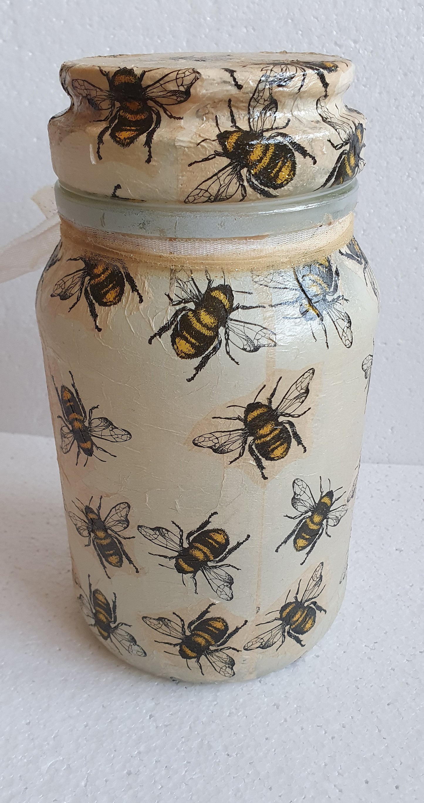 Large Hand Decorated Glass Pin Cushion Jar Beige Bumble Bee Crafters Gift