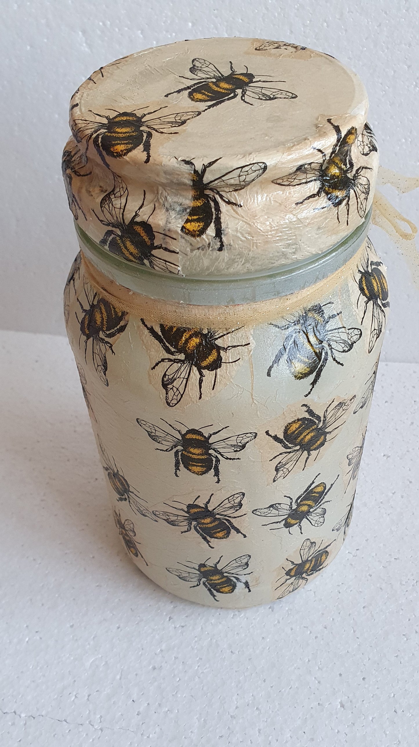 Large Hand Decorated Glass Pin Cushion Jar Beige Bumble Bee Crafters Gift