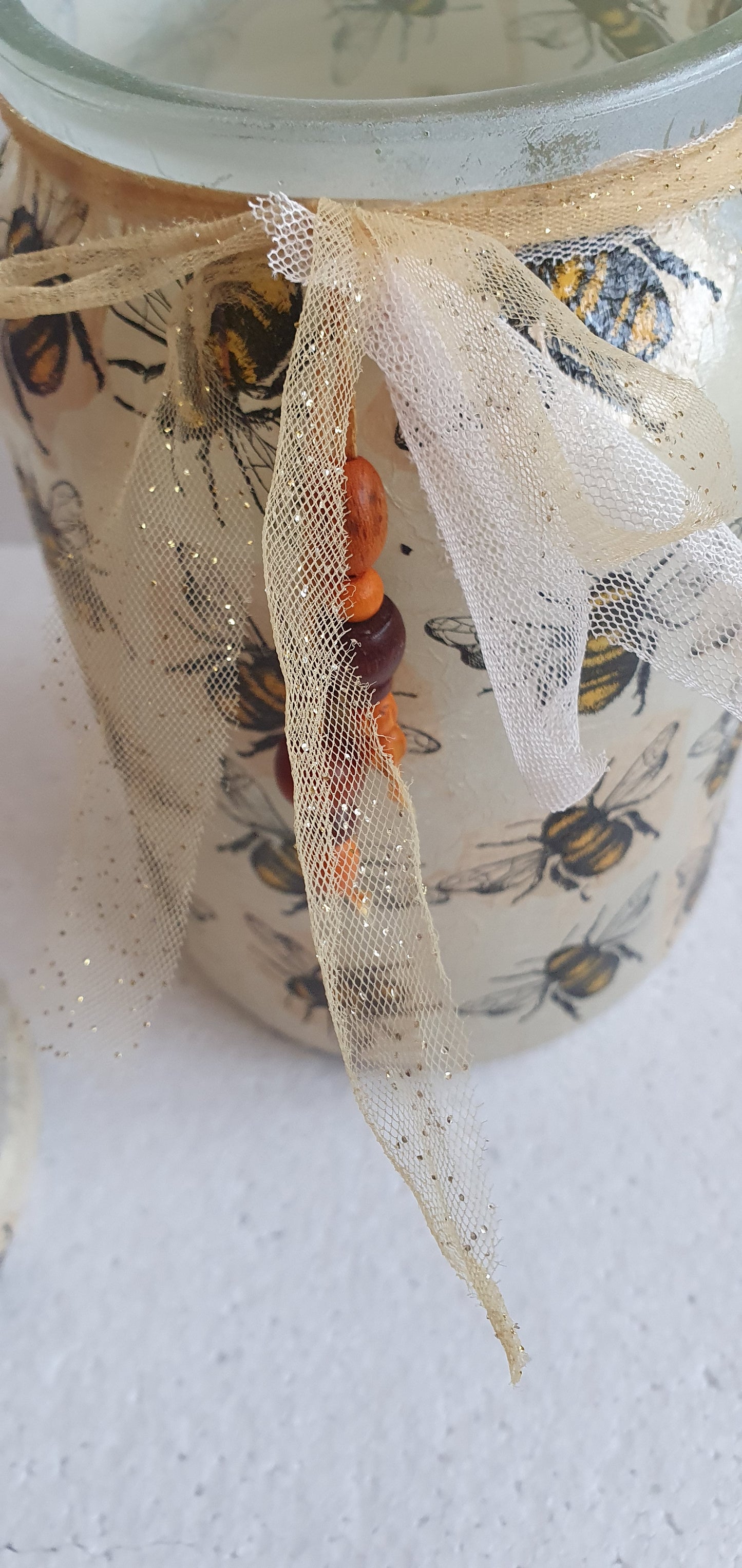 Large Hand Decorated Glass Pin Cushion Jar Beige Bumble Bee Crafters Gift